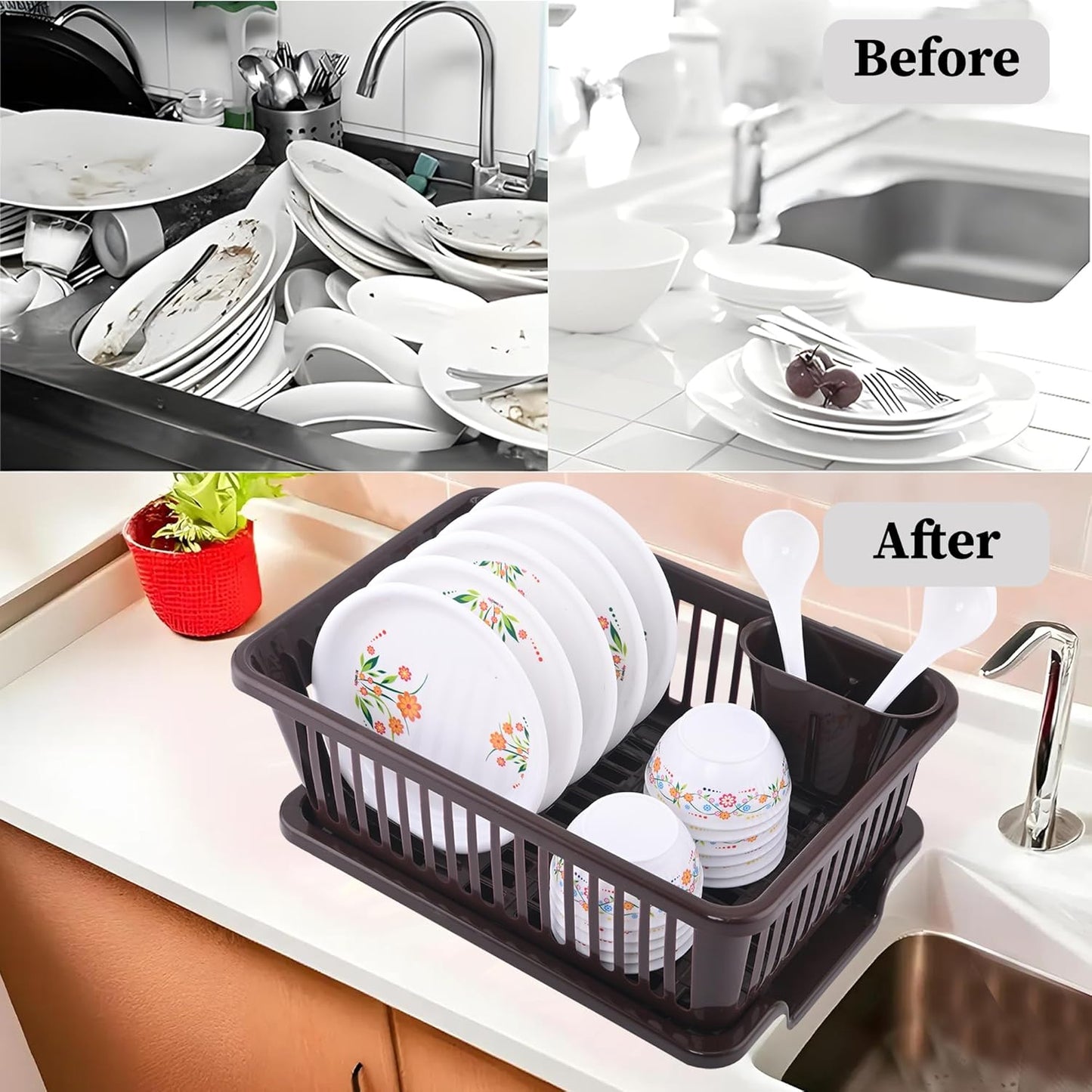 3-in-1 Durable Plastic Dish Drainer Basket for Kitchen with Water Draining Tray